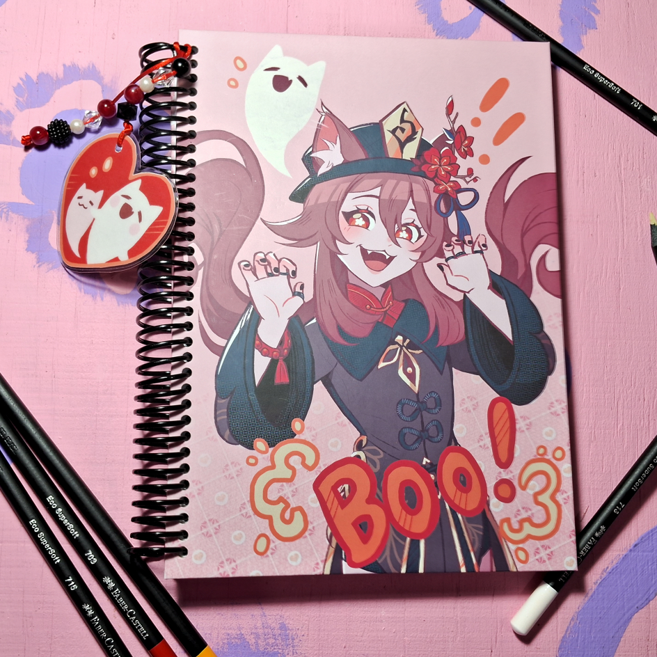 Caderno Sketchbook Desenho - Hutao - Genshin Impact - Encadernação em Espiral - 80 Folhas A5 21x15cm - 90gr