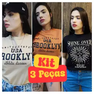 Kit 3 Camiseta feminina T-shirt Algodão blusa Estampada (bege, telha, preta)