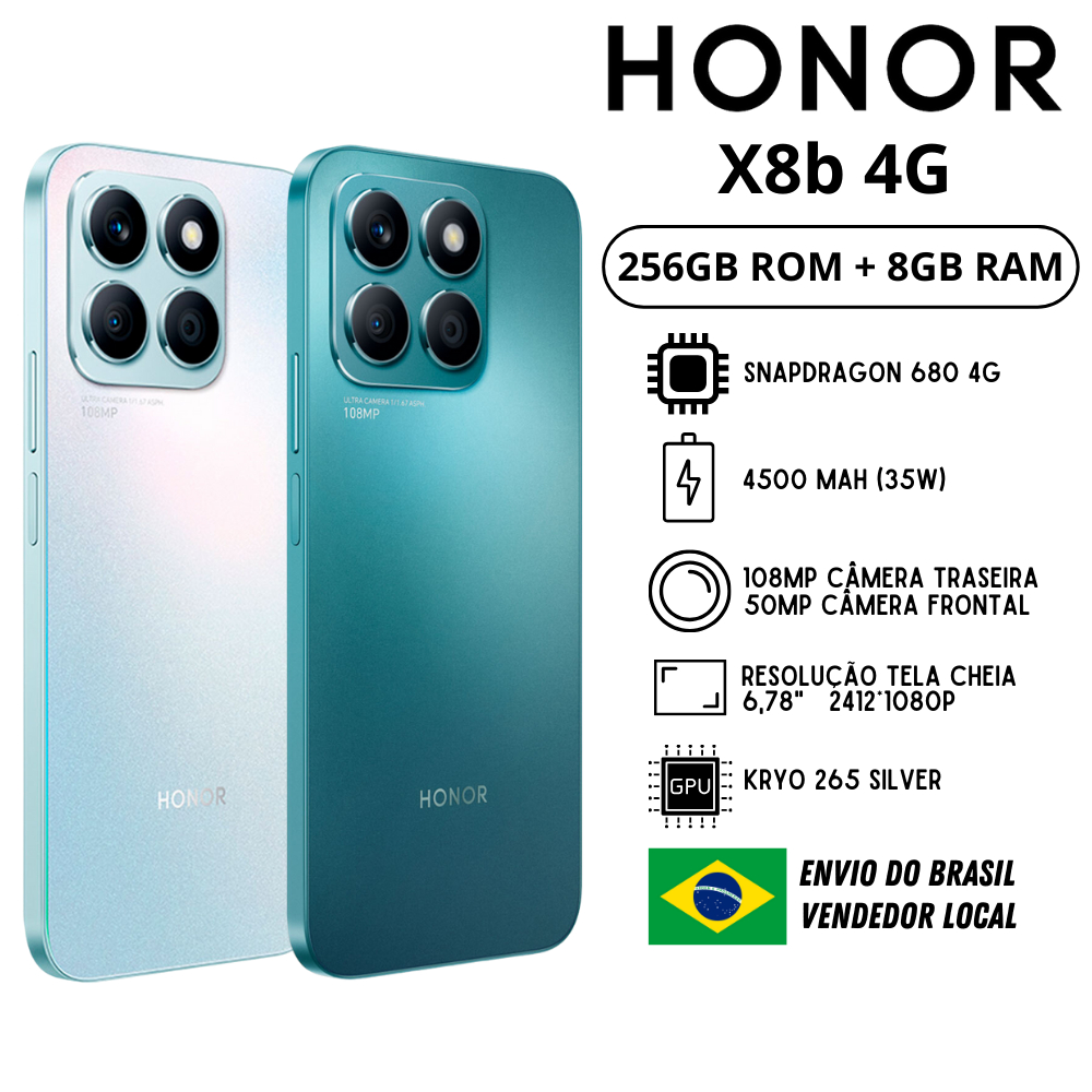 Honor X8b 4G 256GB ROM / 8GB RAM | Envio do Brasil | Smartphone 4G , Processador Snapdragon 680, Bateria 4500 mah