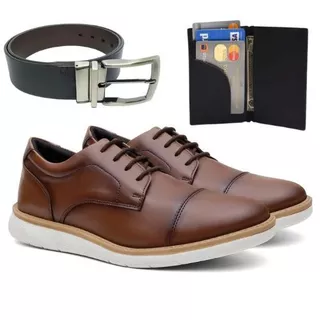 Kit Sapato Social Masculino Oxford Brogue De Couro Macio Antistress + Cinto Carteira