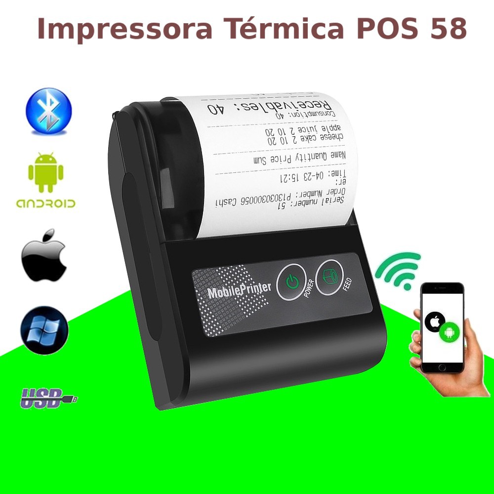Mini Impressora Portatil Bluetooth Termica 58mm Android Ios