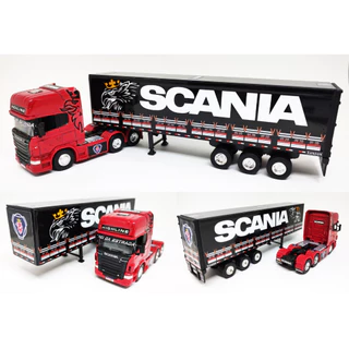 Miniatura Scania Highline Vermelha + Carreta Lonada 1/64