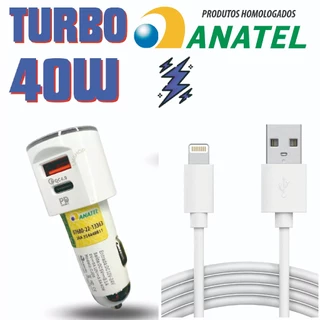 Carregador Veicular 40W USB-Light Turbo Certificado Anatel Para iPhone X XR 11 12 13 14 para carro
