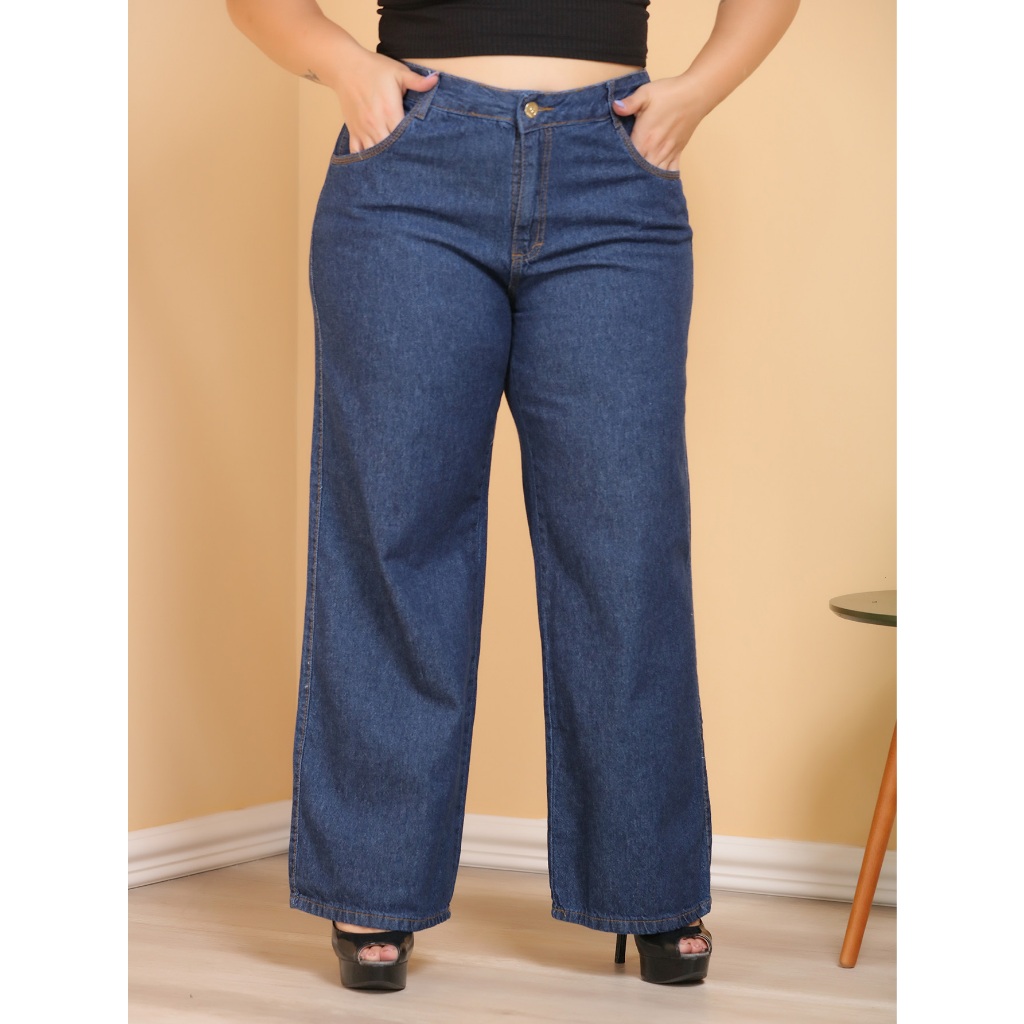 Calça Jeans Plus Size Wide Leg Feminina Cintura Alta empina BumbumGG ...