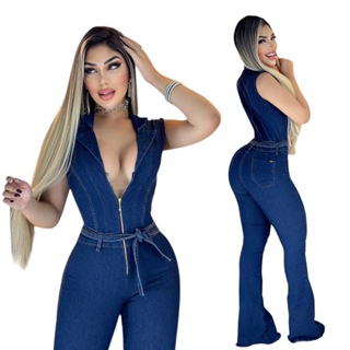 Macacão calça jeans com elastano fechamento em zipper