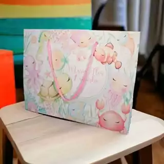 10 Sacolinhas Personalizadas (G) Fundo do Mar Aquarela Rosa (20x16x6cm)