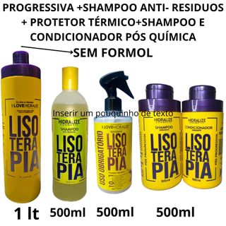 Kit Progressiva Sem Formol 1lt + Anti-Residuos 500ml + Protetor Térmico + Shampoo e Condicionador.