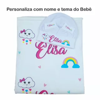 kit Manta e touca luva bebê personalizada com nome saída maternidade menino menina