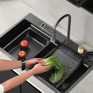 Nova pia de cozinha em cascata de aço inoxidável nano 304 preto com 3 mm de espessura, torneira em cascata para pia individual