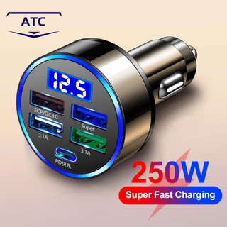 8 Portas Carregador Veicular Universal para Celular 250W Turbo de Carregamento Rápido Interface USB Tipo C Entradas QC3.0 + PD - Compatível com iPhone Samsung iPad MacBook
