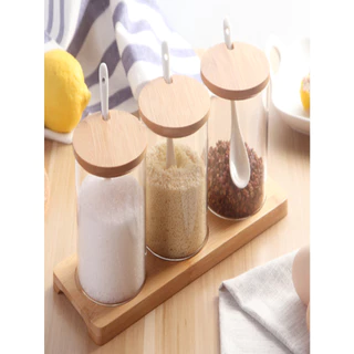 Jogo 3 Potes de Vidro Boro Colher Tampa Suporte Bambu 300ml