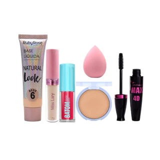 Kit de Maquiagem Base, Iluminador ou Corretivo, Pó, Esponja, Batom e Rímel para Iniciantes Revenda