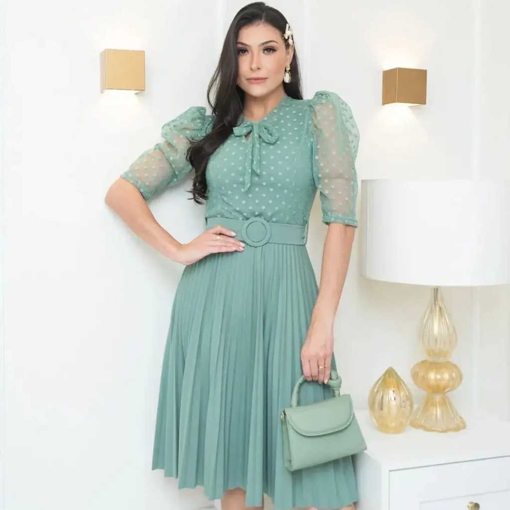 Vestido Evangélico Social Moda Modesta Com Cinto Godê Plissado Delicado ...