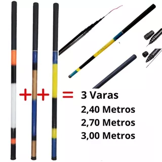 Kit 3 Varas Telescópicas Lisa - 40% Carbono de 2,40M - 2,70M - 3,00M Tilápia Piau Lambari
