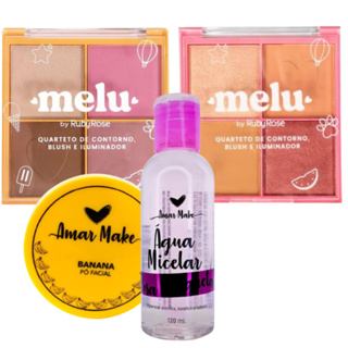 Kit Quarteto Blush Melu + Água Micelar + Pó Compacto Banana 3 Itens Produtos de Beleza