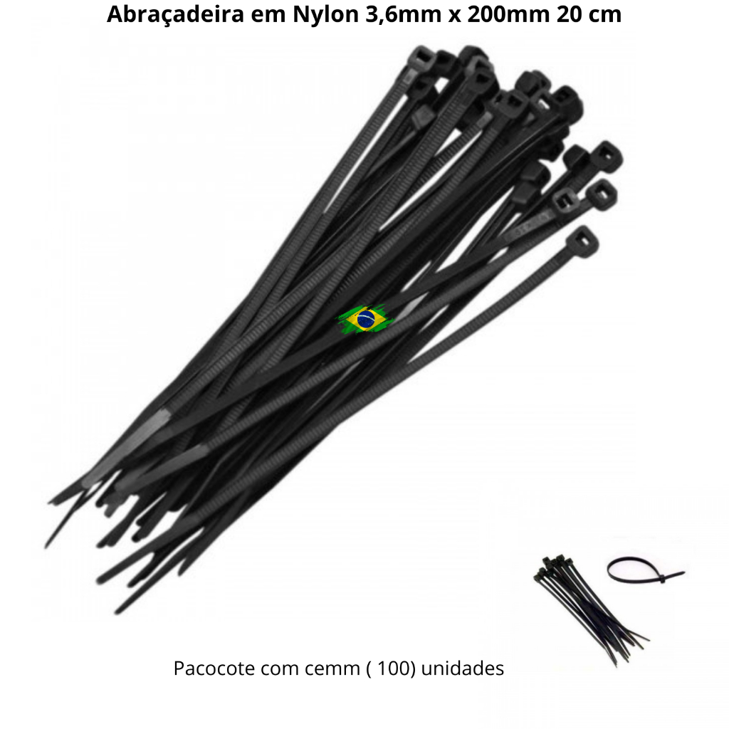 Abraçadeira em Nylon enforca gato 3 6mm X 200mm 20 cm preto pacote com cem 100 unidades