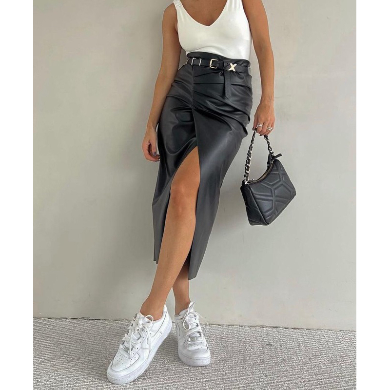 SAIA MIDI LONGA PROMOÇÃO FENDA FRONTAL COURO COURINO FAKE