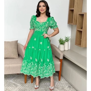 vestido midi luxo lese algodão bordado manga curto 3119