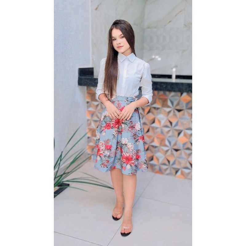 Saia Evangélica Envelope Midi Godê Estampada Floral Luxo