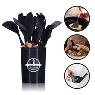 Jogo de Cozinha Kit C/12 Peças Utensílios de Cozinha em Silicone e Cabo de Madeira Antiaderentes Premium