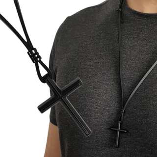 Colar Masculino De Couro Linha Aço Cruz Cruxifiço Religioso