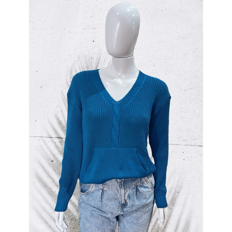 Suéter Blusa trança com bolso em tricot manga comprida inverno tricô moda feminina blogueira