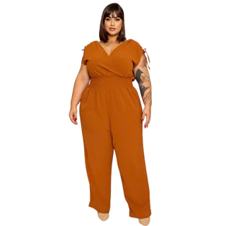 Macacão Longo Plus Size Transpassado Elastex Tamanho Grande