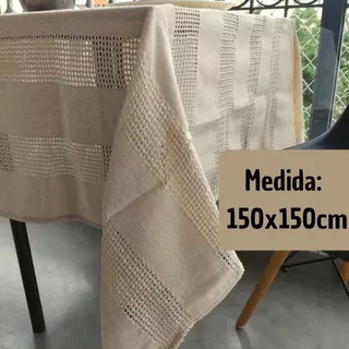 Toalha de Mesa 4 Lugares Algodão Rustica Artesanal Estilo Boho Chic Cru 150x150cm