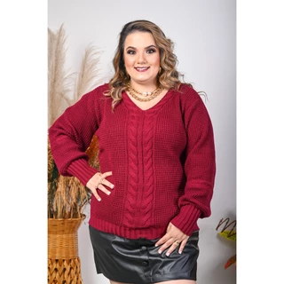 Blusa de lã plus size tricot gola v com trança de manga longa trabalhada inverno 2401