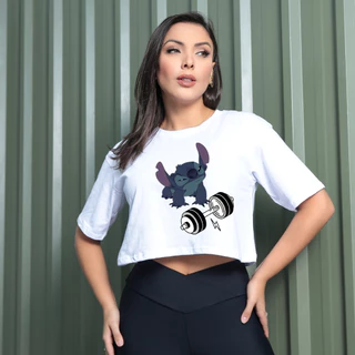 Camiseta Cropped Feminino Tshirt Blusa Estilosa Larguinha Lilo Stitch Academia Musculação Treino