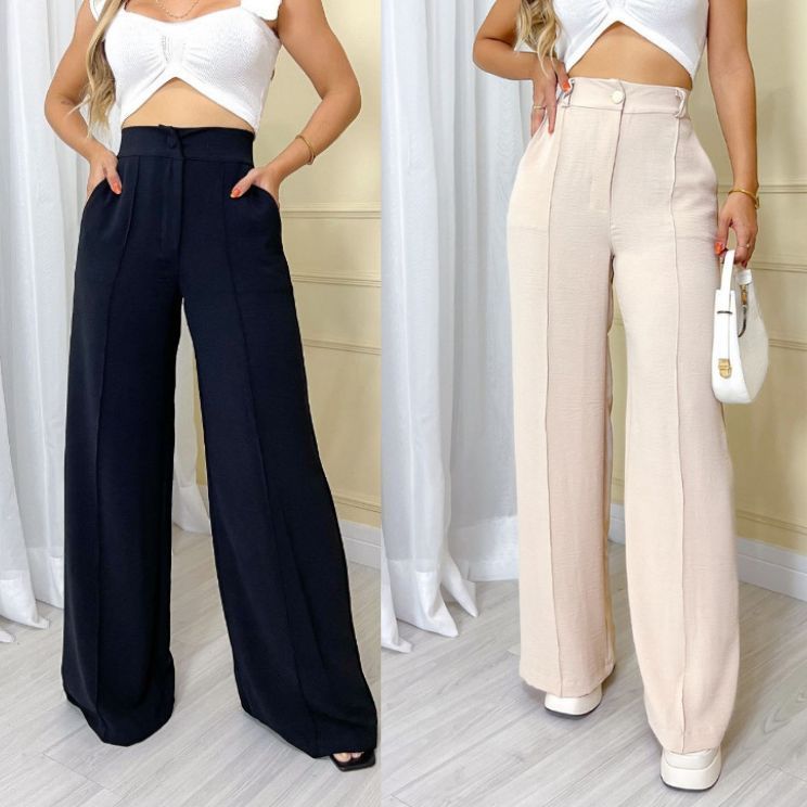 Calça Feminina Pantalona Wide Leg Duna com Botão