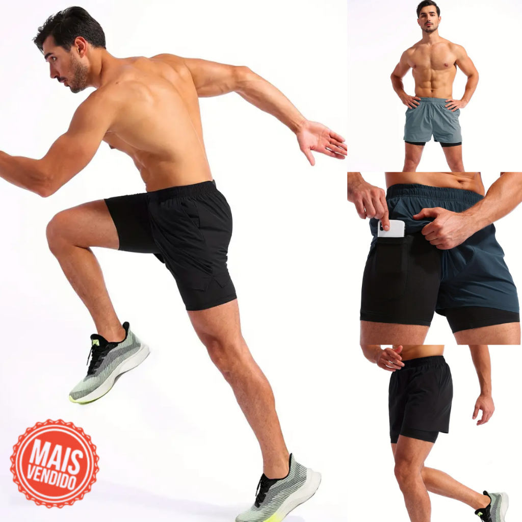 Shorts Bermuda 2 em 1 Com Shorts Interno Bolso Celular Térmico Masculino Ideal Para Treinar Tecido Com Secagem Rápida