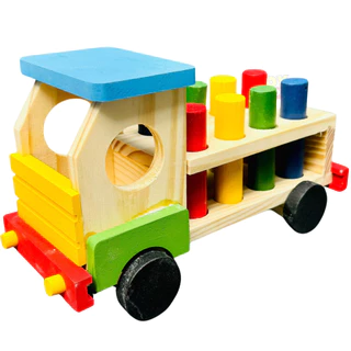 Caminhão de Pinos de Encaixe Colorido Madeira Classificador de Formas e Cores Brinquedo Educativo
