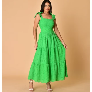 Vestido longo luxo lese bordado algodão de alça 1947