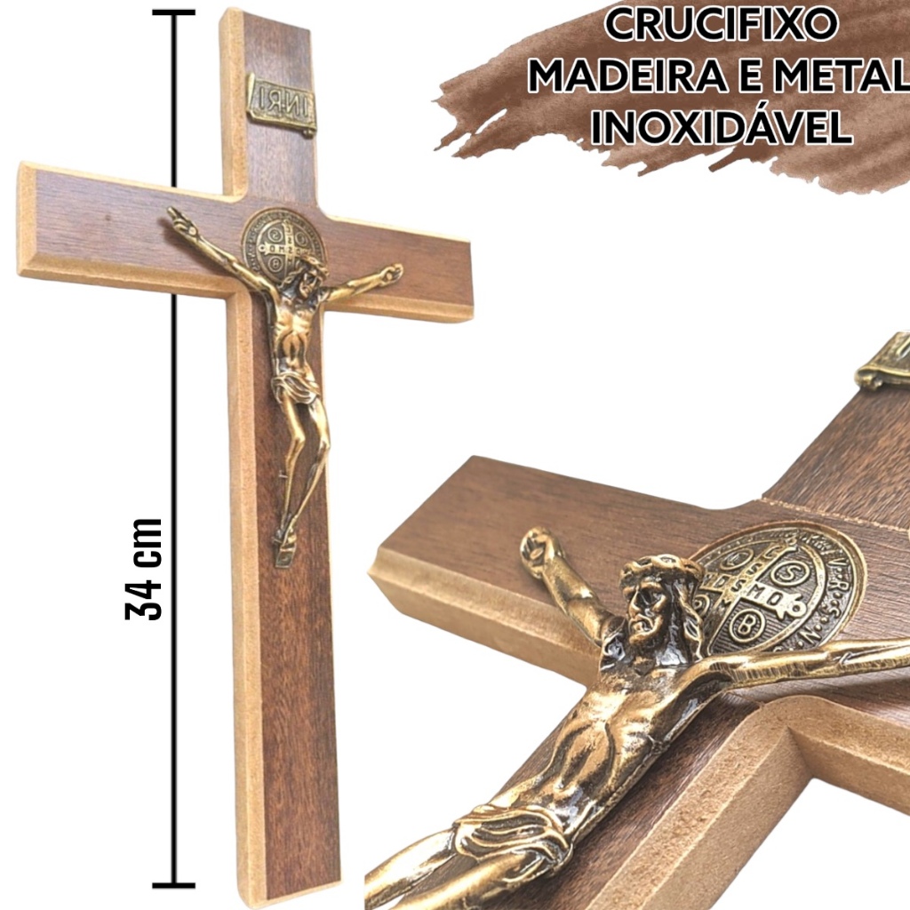 Crucifixo De Madeira Grande E Metal Medalha São Bento 30cm Lindo