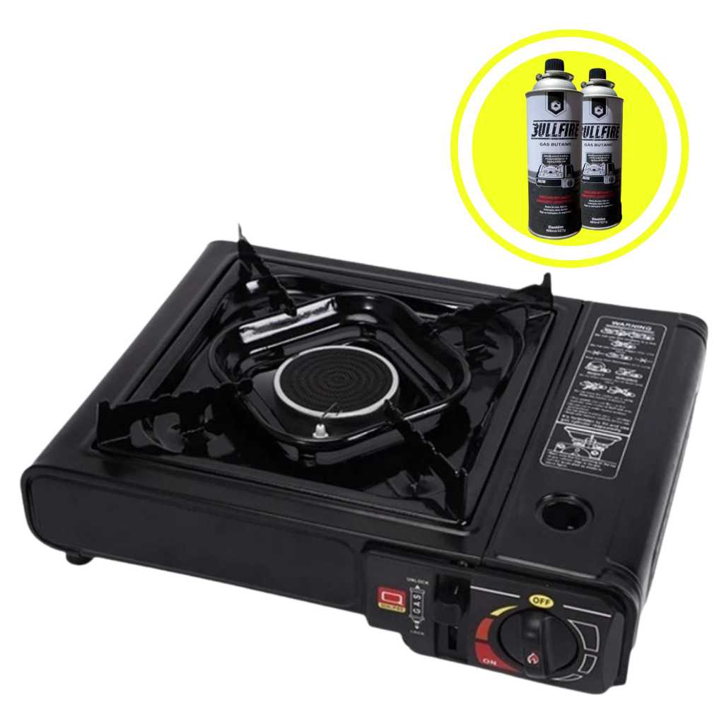 Fogareiro Fogão a Gás Camping Acampamento Portátil com Entrada para Gas Normal + 2 Latas e Maleta