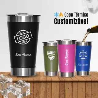 Copo Térmico personalizado com seu NOME, LOGO, DESENHO, TIME com tampa e abridor 473ml, Copo