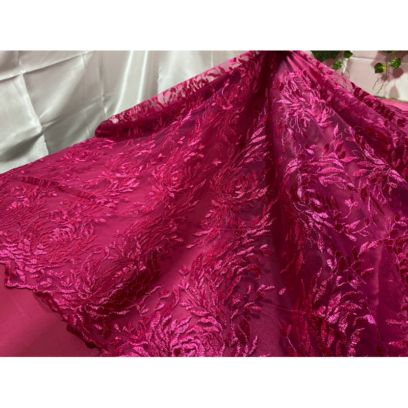renda tule bordado em rosas arabescas rosa pink 0,5x1,35(meio metro ...