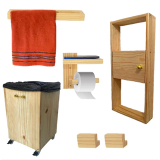 KIT BANHEIRO ( suporte toalha, papel higiênico, 2 ganchos Retangulares,lixeira e armario ) madeira pinus