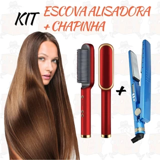 Kit chapinha de cabelo nano titnanium 450° + escova alisadora bivolt 5 em 1 para cabelos pratico