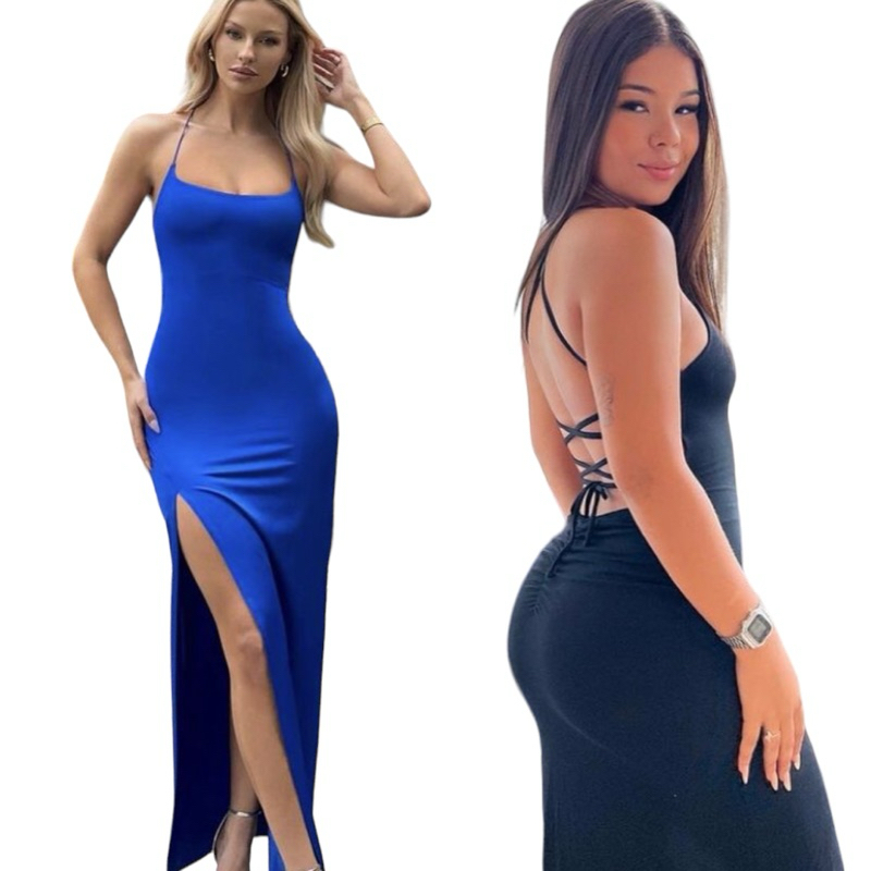 Vestido Longo Suplex Empina Bumbum Com Fenda E Costa Nua Alça Transado Costa Moda Gringa Sexy