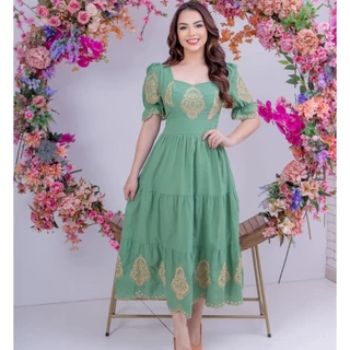 Vestido midi luxo lese bordado algodão manga curto 0490