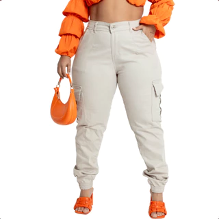 Calça Jeans Plus Size Cargo Feminina Com Bolsos Cintura Alta