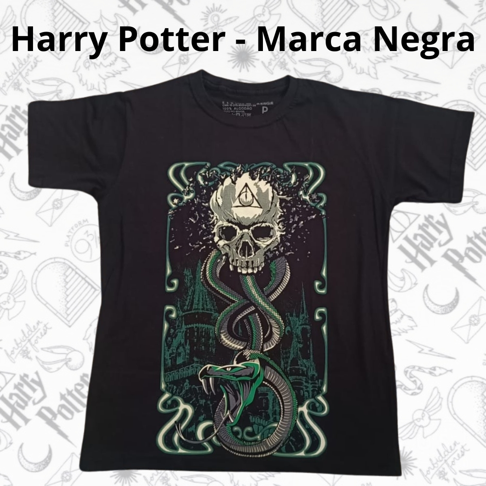Camiseta Harry Potter Marca Negra - Brilha no Escuro HP Hogwarts Sonserina Dementadores Voldemort