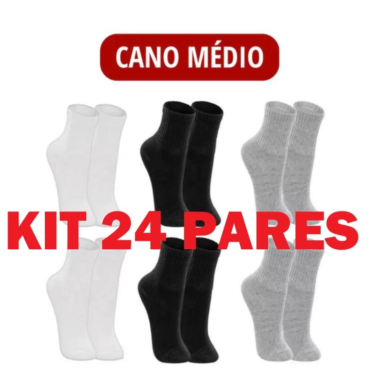 Kit 24 Pares Meia Cano Alto Médio Algodão Confortável Unissex Premium 36-42