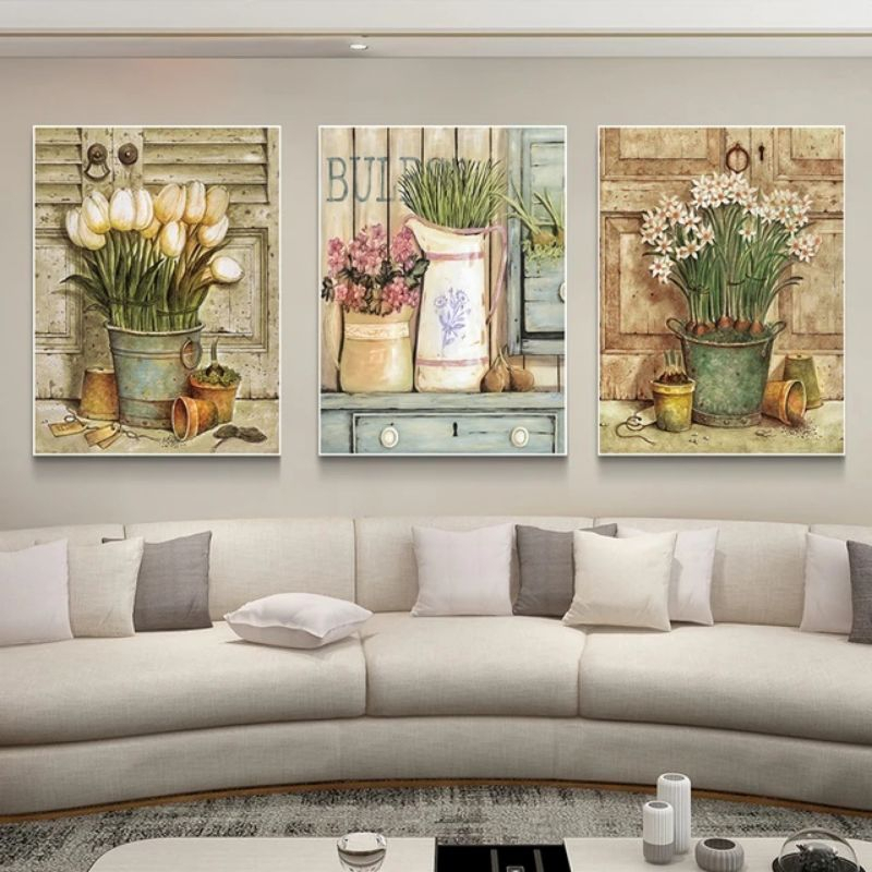 Quadro Decorativo Retrô Floral Branco Plantas Sala de Estar Copa