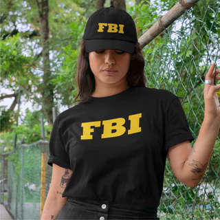 Kit Camiseta Feminina Fbi Amarelo Police Eua Baby Look + Boné