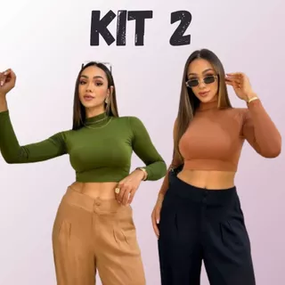 KIT 2 Blusinha Cropped Gola Alta Manga Longa Supplex Moda Inverno