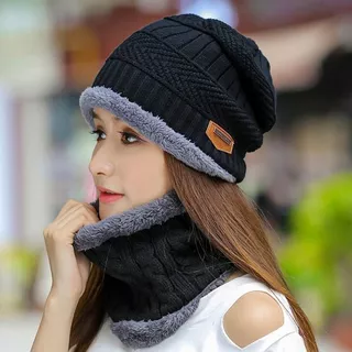 Conjunto Gorro Touca Forrado Com Gola Cachecol Frio Inverno Unissex Masculino Feminino ref: WYZ-3