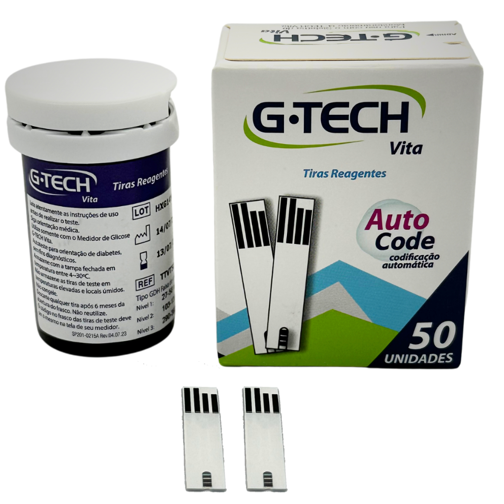 Fita Para Medir Glicose Tira Teste Gtech Vita C/ 50 Unidades Cor Branco ...